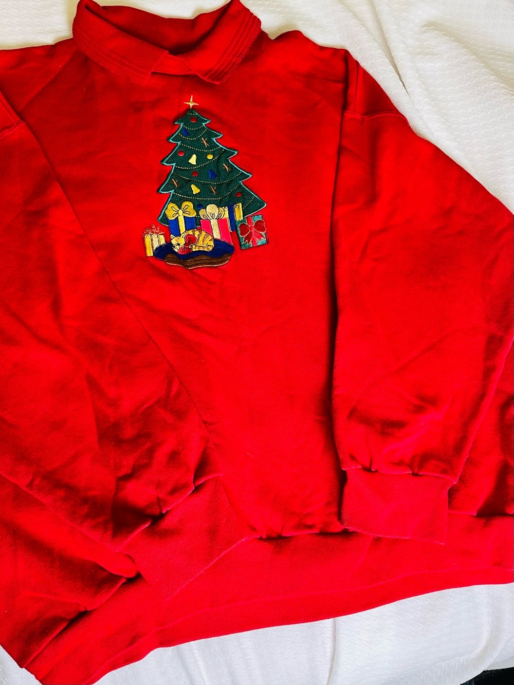 BonWorth Red Crewneck Sweater with Embroidered Christmas Tree